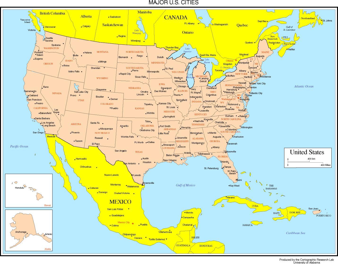 USA-kartet med byer - Kart, USA med byer (Nord-Amerika - Amerika)